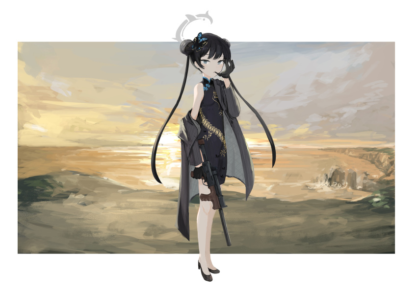 1girl absurdres black_dress black_footwear black_gloves black_hair blue_archive china_dress chinese_clothes coat double_bun dragon_print dress full_body gloves grey_coat grey_eyes grey_halo gun hair_bun halo high_heels highres holding holding_gun holding_weapon k6tetsu kisaki_(blue_archive) long_hair open_clothes open_coat solo twintails weapon