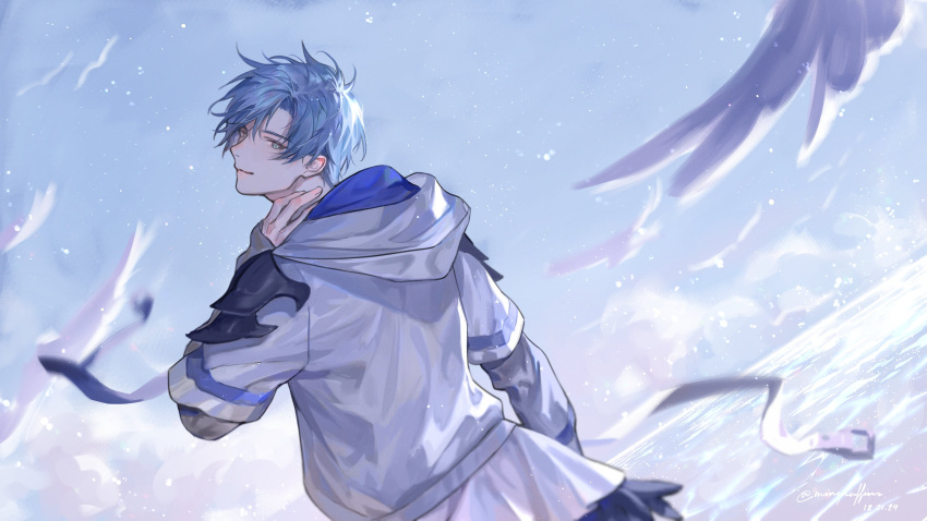 1boy absurdres bishounen blue_hair blue_sky closed_mouth dated falling_feathers feathers from_behind green_eyes hand_on_own_neck highres holostars holostars_english hood hoodie light_particles long_sleeves looking_at_viewer looking_back male_focus outdoors regis_altare rm-parfait short_hair signature sky smile solo standing twitter_username virtual_youtuber water white_feathers white_hoodie