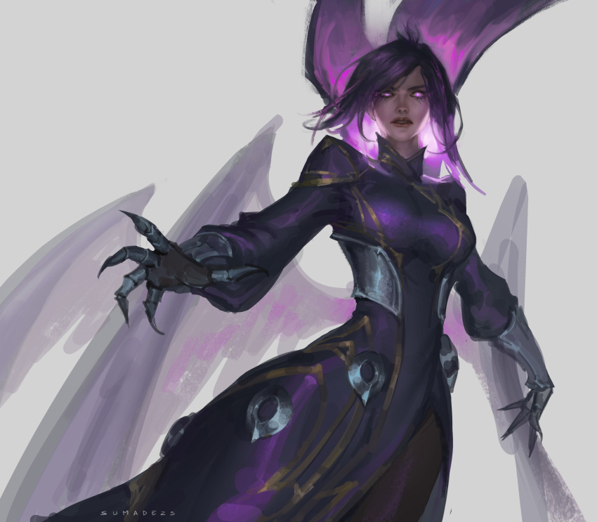 1girl absurdres artist_name dress english_commentary glowing glowing_eyes grey_background hair_between_eyes highres league_of_legends long_hair looking_at_viewer morgana_(league_of_legends) multiple_wings official_alternate_costume parted_lips purple_dress purple_hair purple_wings serious sidelocks simple_background solo standing sumadezs violet_eyes wings