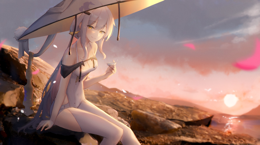 1girl absurdres armor bodysuit breasts closed_mouth clothing_cutout goddess_of_victory:_nikke grey_hair hat highres holding japanese_armor jingasa kote large_hat leotard long_hair looking_at_viewer maviss_03 medium_breasts nature outdoors scarlet_(nikke) shoulder_armor smile sode solo sunset white_bodysuit white_leotard yellow_eyes