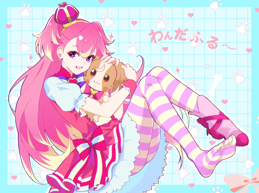 1girl :d animal blue_background blue_eyes blush_stickers bow bow_earrings bright_pupils brooch character_name crown cure_wonderful dog dot_nose dress dress_bow dual_persona earrings grid_background headband heart heart_brooch highres holding holding_animal holding_dog inukai_komugi jewelry jtxqj komugi_(precure) long_hair looking_at_viewer magical_girl mini_crown multicolored_bow multicolored_eyes multicolored_hair multicolored_pantyhose open_mouth pantyhose papillon_(dog) paw_print paw_print_background pink_bow pink_dress pink_footwear pink_hair precure puffy_sleeves purple_bow red_eyes round_teeth shoes short_dress single_shoe smile streaked_hair striped_bow teeth two-tone_hair two_side_up violet_eyes wonderful_precure! wrist_cuffs yellow_headband