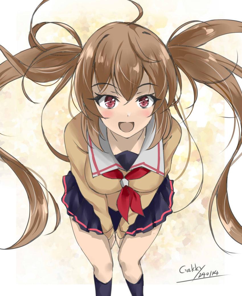 1girl black_serafuku blush breasts brown_eyes brown_hair cardigan dated gakky gradient_background hair_flaps hair_ornament hair_ribbon highres kantai_collection light_brown_hair long_hair looking_at_viewer murasame_(kancolle) neckerchief official_alternate_costume open_mouth pleated_skirt red_neckerchief ribbon sailor_collar school_uniform serafuku skirt smile solo twintails twitter_username yellow_background yellow_cardigan