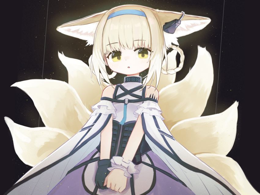 1girl animal_ears arknights bare_shoulders black_gloves blonde_hair braid braided_hair_rings commentary dress earpiece fox_ears fox_girl fox_tail gloves green_eyes hair_rings highres infection_monitor_(arknights) kitsune kyuubi multiple_tails neumo_(_neumo_) open_mouth oripathy_lesion_(arknights) purple_dress single_glove single_wrist_cuff solo suzuran_(arknights) tail twin_braids wrist_cuffs