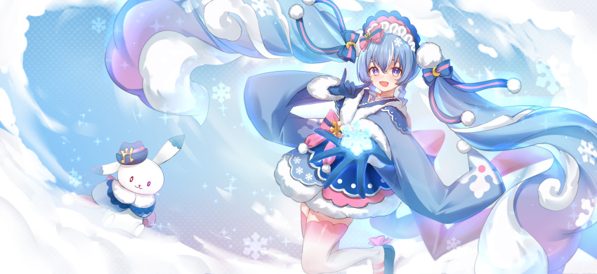 1girl :d absurdres animal blue_gloves blue_hair blue_kimono bobo_(6630978) bonnet clothed_animal commentary_request floating_hair fox_shadow_puppet fur-trimmed_sleeves fur_trim gloves gradient_legwear hand_up hatsune_miku highres japanese_clothes kimono long_hair long_sleeves looking_at_viewer multicolored_hair pink_hair pink_thighhighs rabbit rabbit_yukine smile thigh-highs twintails two-tone_hair very_long_hair violet_eyes vocaloid white_thighhighs yuki_miku yuki_miku_(2023)