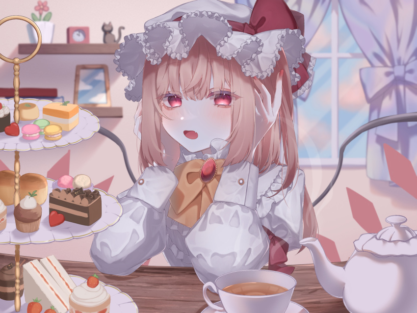 1girl blonde_hair bow cake cake_slice cup flandre_scarlet food hat highres hisu_(hisu_) jacket long_sleeves looking_at_viewer macaron mob_cap open_mouth red_bow red_eyes red_jacket shirt solo tea tea_party teacup tiered_tray touhou white_headwear white_shirt window yellow_bow