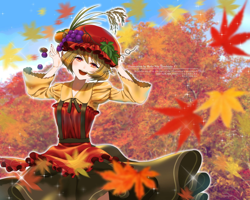 1girl aki_minoriko apron autumn_leaves black_dress blonde_hair clouds cloudy_sky dress food food-themed_hair_ornament frilled_apron frills fruit fruit_hat_ornament grape_hair_ornament grapes hair_ornament hat hat_leaf highres leaf long_sleeves looking_at_viewer maple_leaf mob_cap nature open_mouth outdoors puffy_long_sleeves puffy_sleeves red_apron red_eyes red_headwear robinia_f short_hair sky smile solo touhou