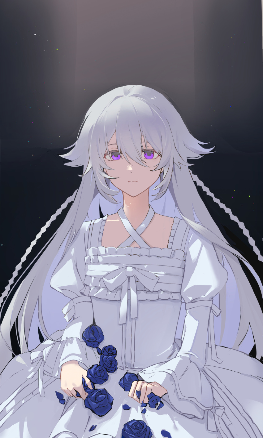 absurdres blue_flower blue_rose cowboy_shot dress expressionless flower highres long_hair looking_at_viewer pandora_hearts rose very_long_hair violet_eyes white_dress white_hair wide_sleeves will_of_the_abyss xiuning233