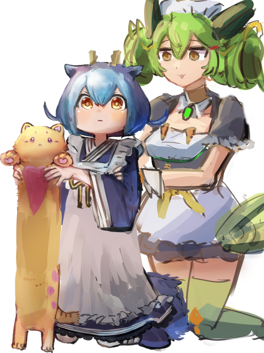 2girls :&lt; animal apron blue_hair cat closed_mouth commentary dragon_girl dress duel_monster feet_out_of_frame frilled_apron frills full_body green_hair green_thighhighs hair_between_eyes hatano_kiyoshi heart highres holding holding_animal holding_cat horns kneeling laundry_dragonmaid long_sleeves longcat_(meme) looking_at_viewer maid melffy_catty meme multicolored_hair multiple_girls parlor_dragonmaid puffy_short_sleeves puffy_sleeves short_hair short_sleeves simple_background smile tail thigh-highs tongue tongue_out two-tone_hair v-shaped_eyebrows white_background wide_sleeves yellow_cat yellow_eyes yu-gi-oh!