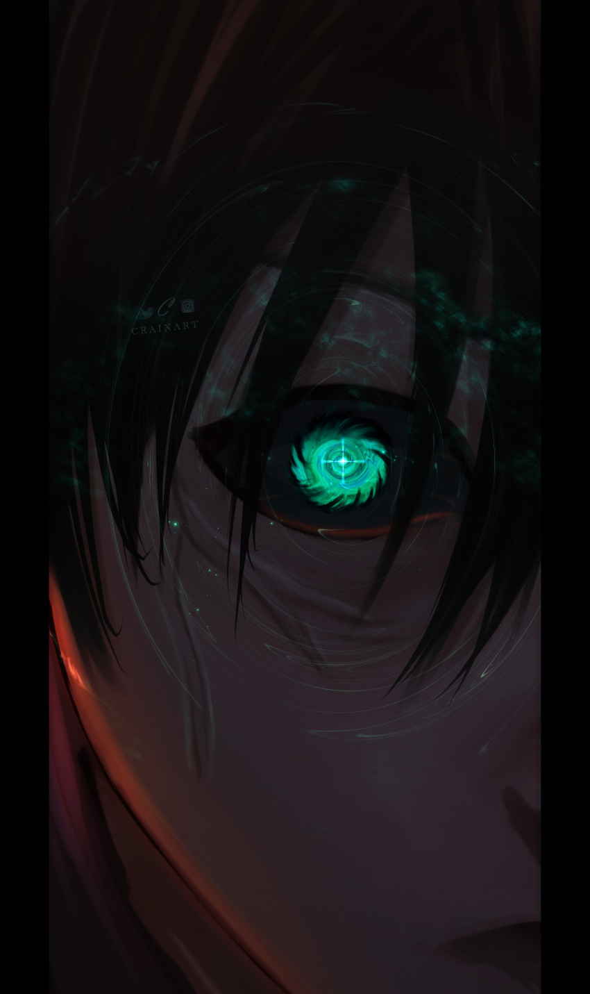 1boy absurdres artist_name black_hair black_sclera blue_lock close-up closed_mouth colored_sclera commentary crain1art english_commentary eye_focus gears glowing glowing_eyes green_eyes highres itoshi_rin looking_at_viewer pillarboxed portrait solo split_crop symbol-shaped_pupils