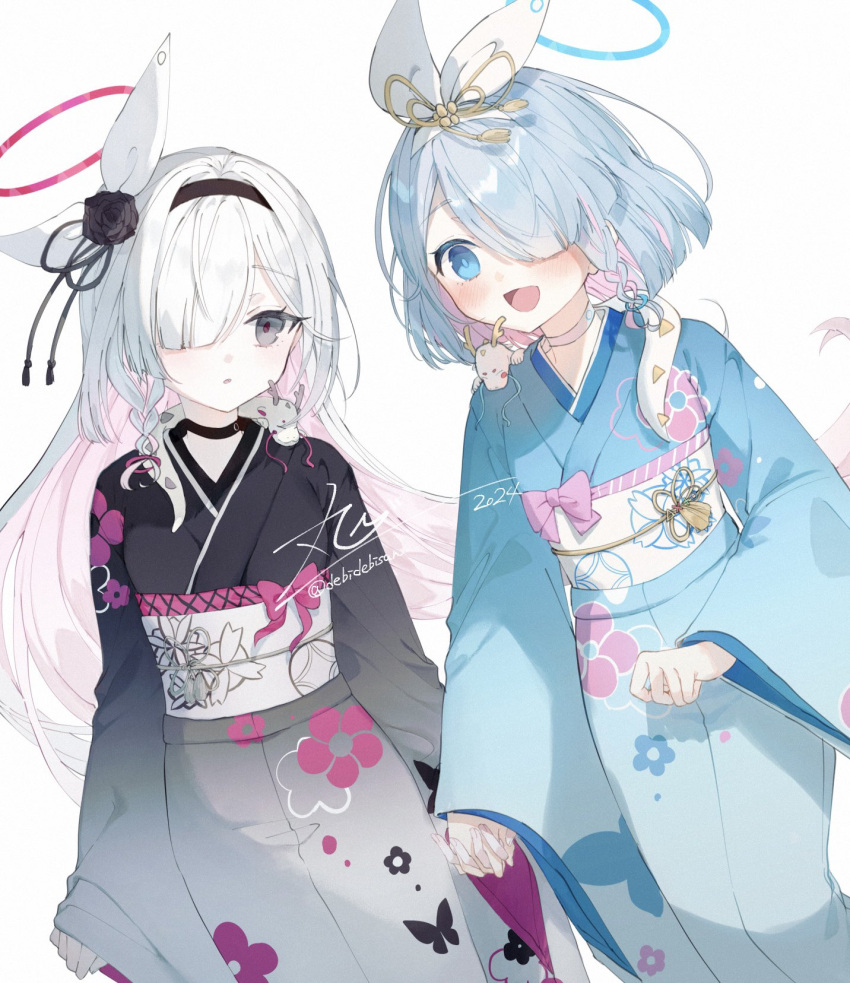 2girls arona_(blue_archive) black_choker black_hairband black_kimono blue_archive blue_eyes blue_hair blue_halo blue_kimono blush braid chibirisu choker colored_inner_hair grey_eyes grey_hair hair_over_one_eye hairband halo highres japanese_clothes kimono long_hair long_sleeves multicolored_hair multiple_girls obi open_mouth parted_lips pink_hair plana_(blue_archive) red_halo sash short_hair single_braid smile white_choker wide_sleeves