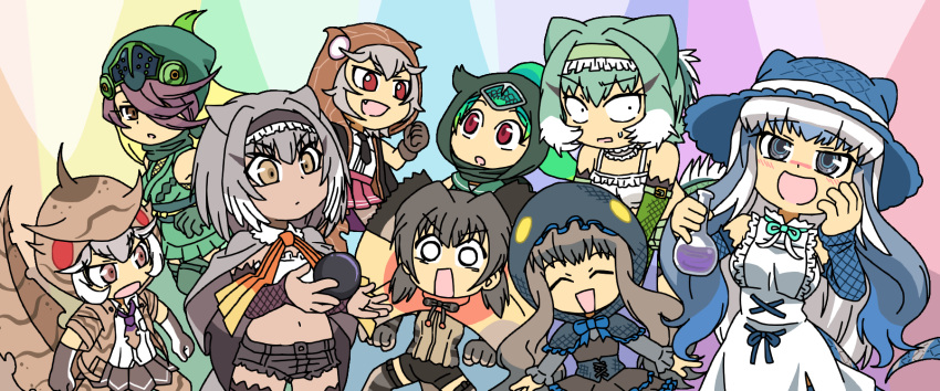 6+girls ^_^ alternate_design animal_hood animal_print bare_shoulders baweng_satanic_leaf_gecko_(kemono_friends) baweng_satanic_leaf_gecko_(kemono_friends)_(old_design) black_hair blush brown_eyes cape capelet chibi chinese_water_dragon_(kemono_friends) closed_eyes closed_mouth coat constricted_pupils corset dark-skinned_female dark_skin detached_sleeves dress dual_persona fingerless_gloves flask forehead_protector frilled_hairband frilled_lizard_(ex)_(kemono_friends) frilled_lizard_(kemono_friends) frills gloves green_hair grey_eyes grey_hair hair_horns hair_over_one_eye hairband hand_on_own_cheek hand_on_own_face hat height_difference highres holding holding_flask hood hood_up hooded_capelet hooded_coat jacket jackson's_chameleon_(kemono_friends) japanese_clothes kemono_friends kemono_friends_3 komodo_dragon_(kemono_friends) komodo_dragon_(kemono_friends)_(old_design) lizard_tail long_hair long_sleeves looking_at_another low_twintails medium_hair midriff multicolored_hair multiple_girls navel necktie official_alternate_costume open_mouth panther_chameleon_(kemono_friends) print_hood print_sleeves red_eyes ringed_eyes round-bottom_flask scale_print shirt short_twintails shorts skirt smile srd_(srdsrd01) stomach swept_bangs tail thigh-highs twintails very_long_hair vest white_hair wide-eyed