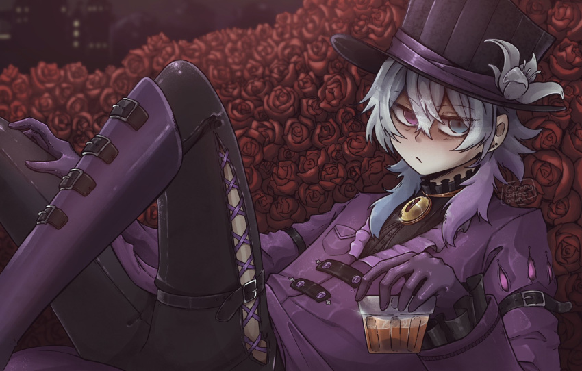 1boy alcohol androgynous black_pants blue_eyes blue_hair boots city_lights coat drink ear_piercing feet_out_of_frame flower from_side gavis_bettel gloves grey_hair hair_between_eyes half-closed_eyes hat hat_flower hat_ribbon heterochromia highres holding holding_drink holostars holostars_english knee_boots knees_up lace-trimmed_legwear lace_trim looking_at_viewer lying male_focus multicolored_hair night on_back outdoors pants phantom_(gavis_bettel) piercing pink_eyes pink_hair purple_coat purple_footwear purple_gloves rainycoffeebean red_flower ribbon rose solo top_hat twitter_username virtual_youtuber white_flower