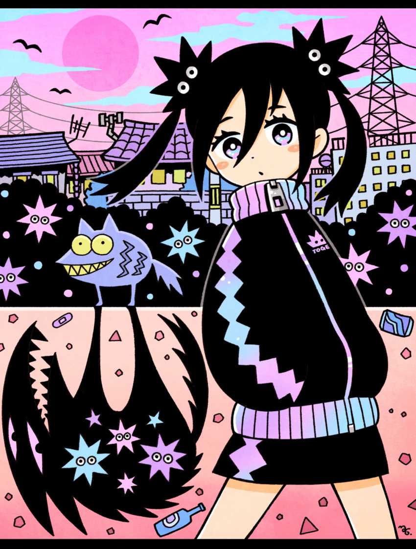 1girl black_hair black_jacket black_skirt blue_eyes blush_stickers bright_pupils clouds colored_sclera cowboy_shot creature different_shadow dot_nose garouma hair_between_eyes hands_in_pockets highres jacket long_hair long_sleeves looking_at_another looking_at_viewer moon original outdoors oversized_zipper parted_lips power_lines purple_moon purple_sky shadow sharp_teeth skirt sky smile solo_focus teeth town transmission_tower trash twintails two-tone_eyes violet_eyes white_pupils yellow_sclera