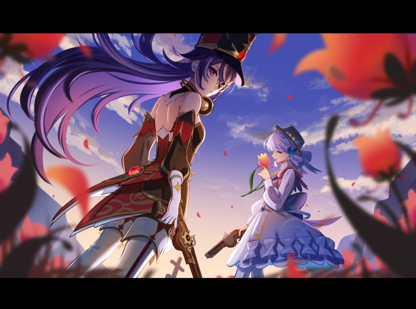 2girls antique_firearm backless_dress backless_outfit bare_back bare_shoulders blue_dress blue_hair blue_sky boots chevreuse_(genshin_impact) commentary_request cowboy_shot day dress earmuffs earmuffs_around_neck eyepatch flower genshin_impact gun handgun hat highres holding holding_flower holding_gun holding_weapon kamisato_ayaka letterboxed long_hair long_sleeves looking_at_viewer mole mole_under_mouth multiple_girls narahazime outdoors purple_hair red_dress shako_cap sky standing strapless strapless_dress thigh_boots very_long_hair violet_eyes weapon white_footwear