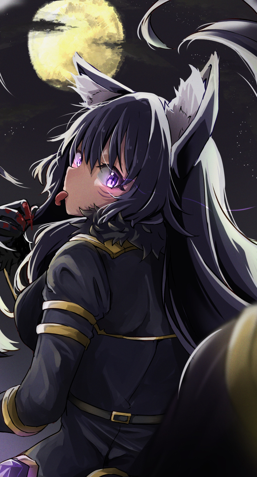 1girl absurdres animal_ear_fluff animal_ears belt black_gloves black_hair black_jacket blood blood_on_clothes blood_on_hands breasts clouds cloudy_sky commentary_request delta_(kage_no_jitsuryokusha_ni_naritakute!) facial_mark full_moon fur-trimmed_gloves fur-trimmed_jacket fur_trim gem gloves glowing glowing_eyes gold_trim hair_between_eyes highres jacket kage_no_jitsuryokusha_ni_naritakute! kamisu_yu long_hair long_sleeves looking_at_viewer looking_back medium_breasts moon night night_sky outdoors purple_gemstone sidelocks sky slit_pupils solo star_(sky) tail tongue tongue_out upper_body variant_set violet_eyes wolf_ears wolf_girl wolf_tail