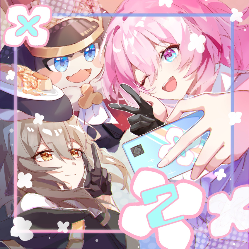 1other 2girls black_gloves blue_eyes blush_stickers cellphone chinese_commentary commentary_request gloves grey_hair highres holding holding_phone honkai:_star_rail honkai_(series) march_7th_(honkai:_star_rail) multiple_girls nanguagua438 one_eye_closed partially_fingerless_gloves phone pink_eyes pom-pom_(honkai:_star_rail) selfie single_glove smartphone stelle_(honkai:_star_rail) taking_picture trailblazer_(honkai:_star_rail) two-tone_eyes v yellow_eyes