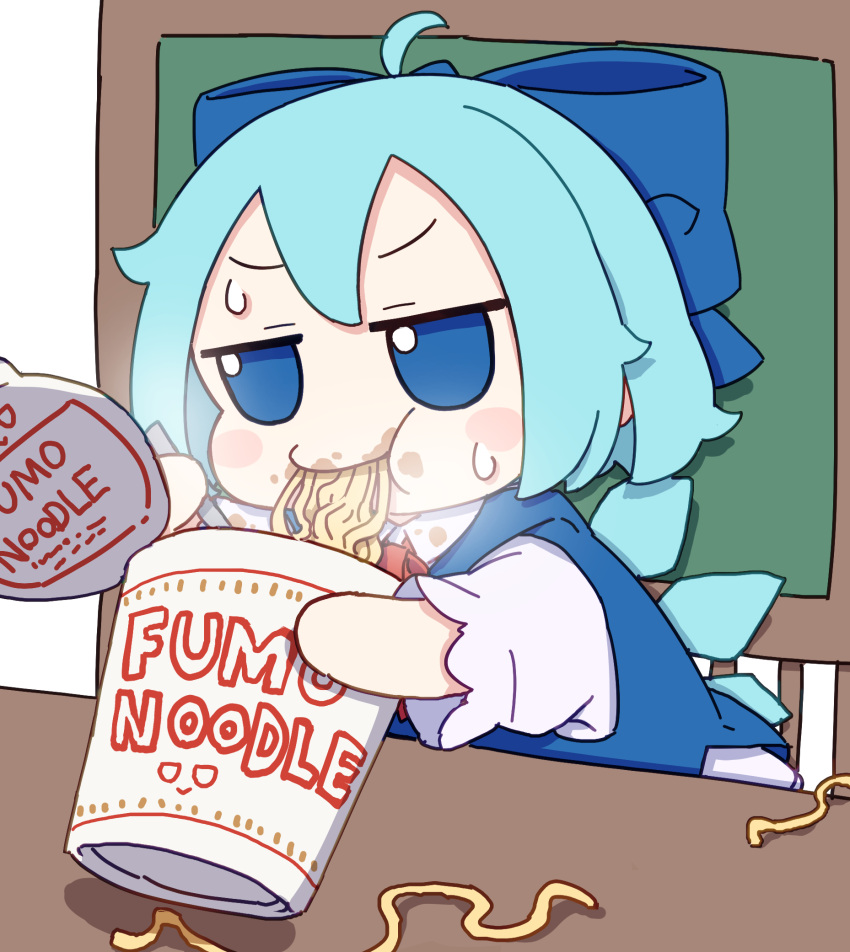 1girl ahoge blue_bow blue_dress blue_eyes blue_hair blush_stickers bow chair cirno closed_mouth dress eating fairy fumo_(doll) hair_bow highres ice ice_wings kame_(kamepan44231) ramen shirt short_hair short_sleeves simple_background smile solo touhou white_background white_shirt wings