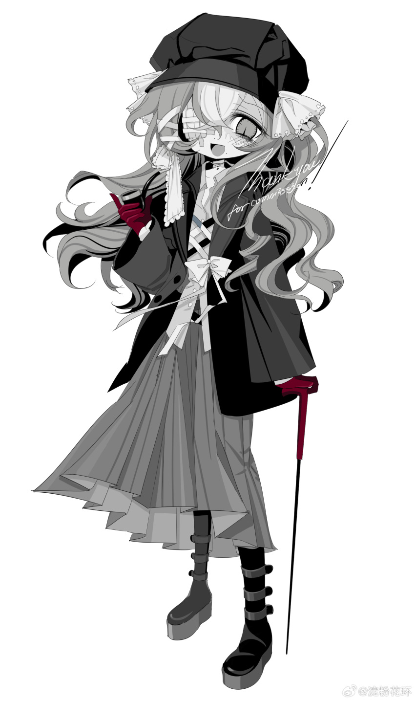 1girl absurdres black_footwear black_headwear boots commission dress eyepatch frills full_body gloves grey_dress grey_eyes grey_hair highres long_dress medical_eyepatch meyou_0319 monochrome open_mouth original red_gloves smile solo standing wavy_hair white_background