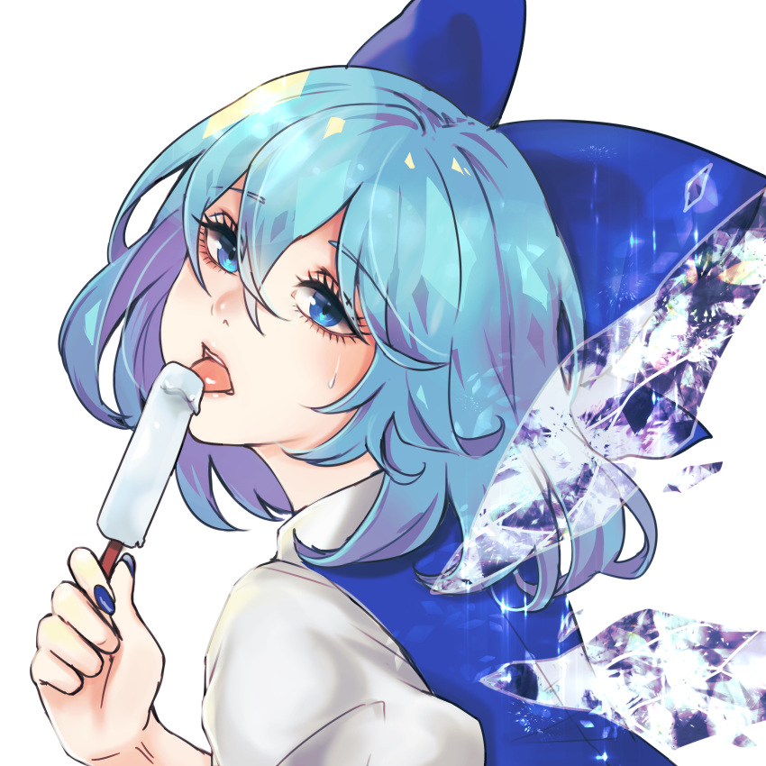 1girl absurdres blue_bow blue_dress blue_eyes blue_hair blue_nails bow cirno detached_wings dress food from_side glowing glowing_wings hair_between_eyes highres holding holding_food holding_popsicle ice ice_cream ice_wings kyogoku-uru licking looking_at_viewer looking_to_the_side medium_hair nail_polish popsicle shirt solo touhou upper_body white_background white_shirt wings