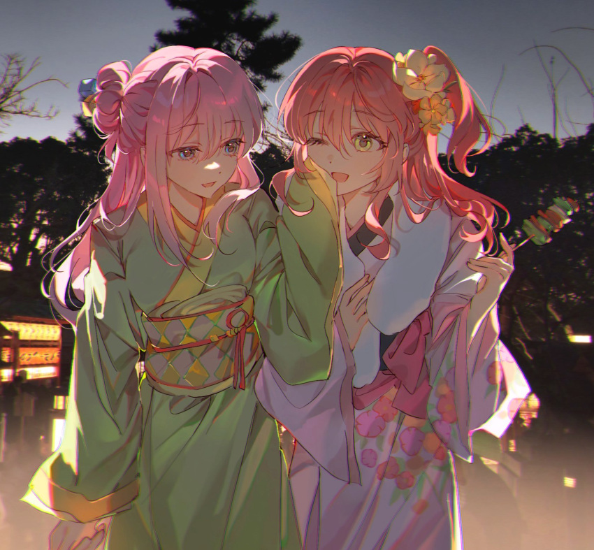 2girls bccommi blue_eyes bocchi_the_rock! commentary couple cube_hair_ornament floral_print floral_print_kimono flower food fur_scarf gotoh_hitori green_eyes green_kimono hair_bun hair_flower hair_ornament highres holding holding_skewer japanese_clothes kebab kimono kita_ikuyo long_hair long_sleeves multiple_girls night obi one_eye_closed one_side_up open_mouth outdoors photo_background pink_hair pink_kimono print_kimono redhead sash sidelocks single_hair_bun skewer wiping_face yellow_flower yuri