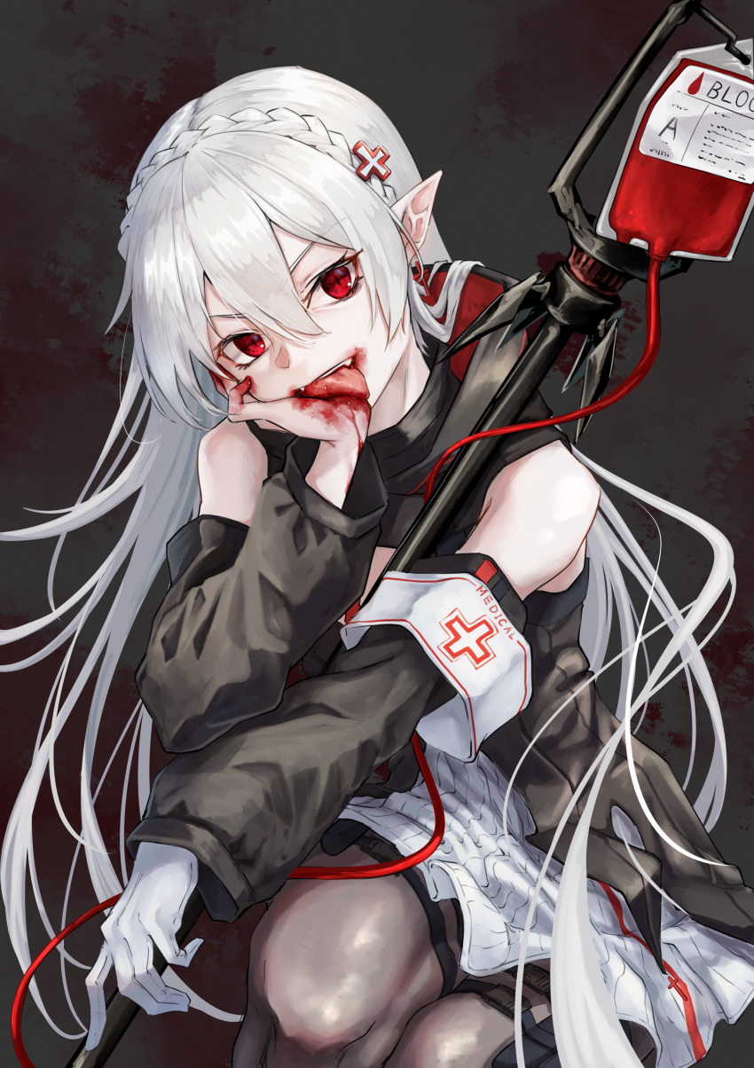 1girl absurdres arknights black_background blood blood_bag blood_on_face cross fang gloves highres kuromu long_hair pointy_ears red_cross simple_background solo tongue tongue_out vampire warfarin_(arknights) white_gloves white_hair