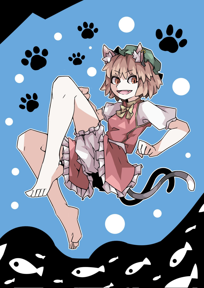 1girl :d animal_ear_piercing animal_ears bare_legs barefoot bloomers blue_background breasts brown_eyes brown_hair cat_ears cat_tail chen commentary_request earrings fang fish_background frills full_body green_headwear hat highres jewelry kataba_(user_vdek5387) leg_up looking_at_viewer mob_cap multiple_tails nekomata open_mouth paw_pose paw_print paw_print_background petticoat puffy_short_sleeves puffy_sleeves red_skirt red_vest short_hair short_sleeves simple_background single_earring skirt skirt_set slit_pupils small_breasts smile solo tail toes touhou two_tails v-shaped_eyebrows vest
