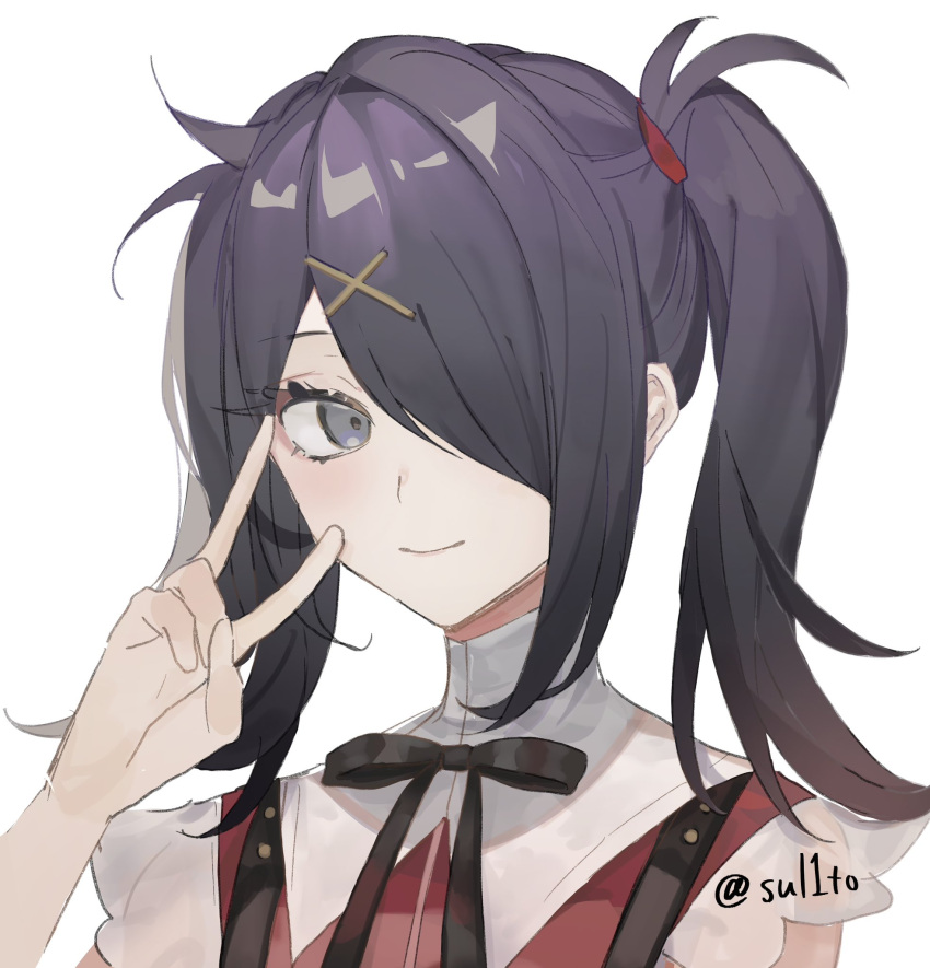 1girl ame-chan_(needy_girl_overdose) black_hair black_ribbon closed_mouth collared_shirt grey_eyes hair_ornament hair_over_one_eye hand_up highres long_hair looking_at_viewer neck_ribbon needy_girl_overdose red_shirt ribbon shirt simple_background smile solo suspenders tsukikaze_aki twintails twitter_username upper_body v v_over_eye white_background x_hair_ornament
