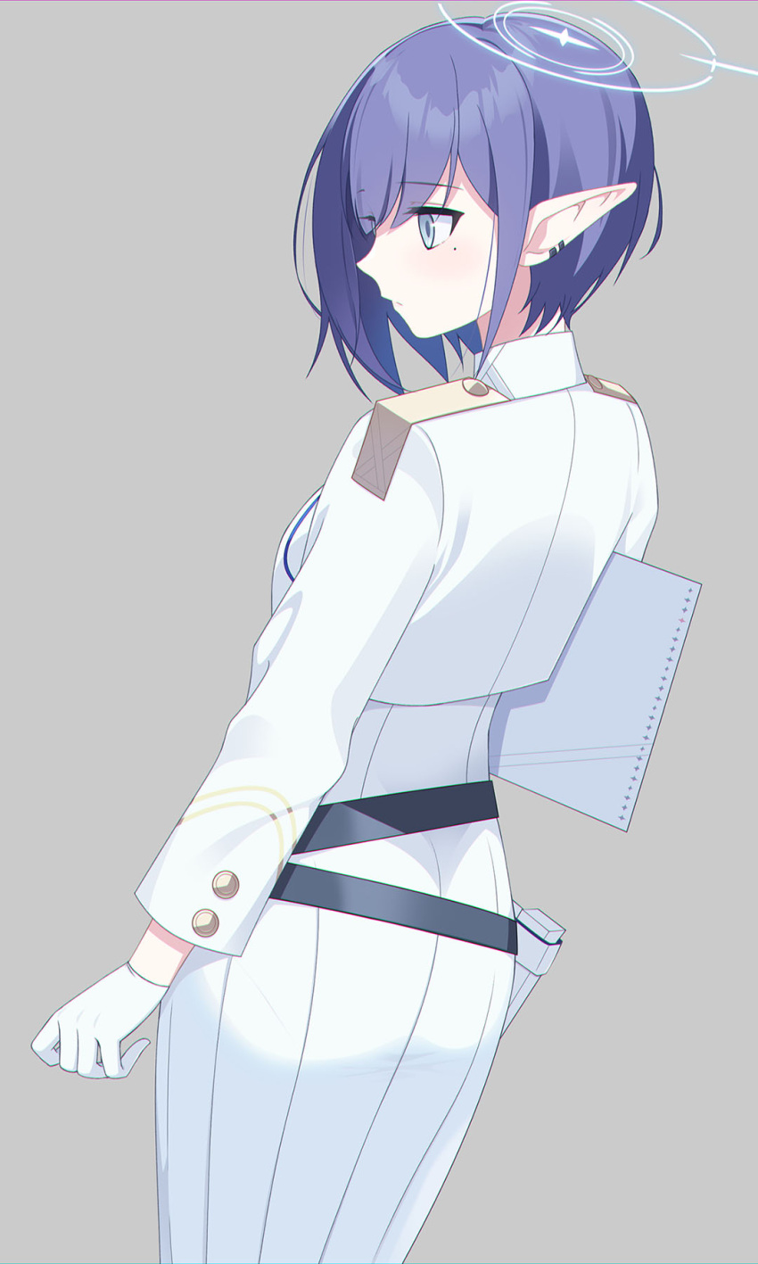 1girl aoi_(blue_archive) blue_archive blue_hair collared_jacket earclip eko epaulettes from_behind gloves halo highres jacket looking_to_the_side mole mole_under_eye pointy_ears short_hair simple_background solo standing white_gloves white_uniform