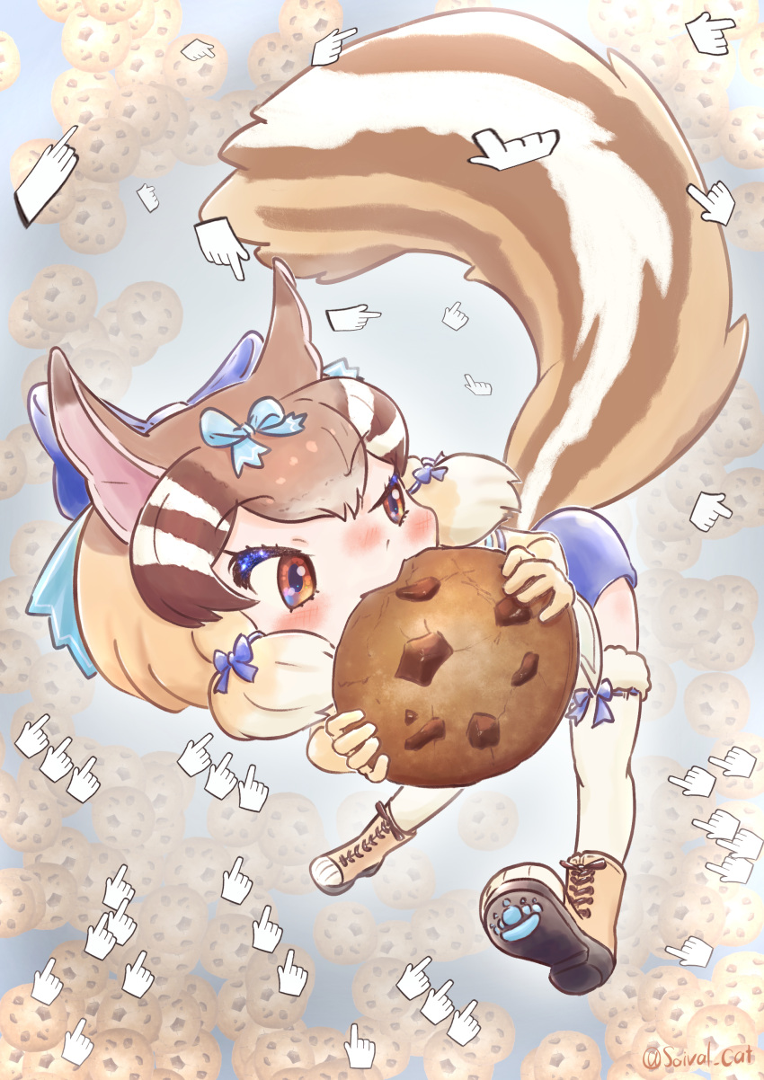 absurdres animal_ears boots brown_eyes brown_hair chipmunk_ears chipmunk_girl chipmunk_tail cookie cookie_clicker eating extra_ears food gloves highres kemono_friends kemono_friends_v_project parody ribbon saival_cat short_hair shorts siberian_chipmunk_(kemono_friends) tail thigh-highs virtual_youtuber