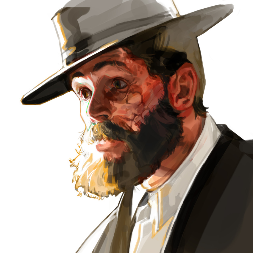 1boy alfie_solomons backlighting beard black_hair brown_eyes burn_scar coat collared_shirt facial_hair fedora from_side grey_coat grey_headwear hat hieumay highres looking_to_the_side male_focus mustache nose overexposure peaky_blinders portrait realistic scar scar_on_face shirt short_hair sideburns simple_background solo thick_beard thick_mustache white_background white_shirt