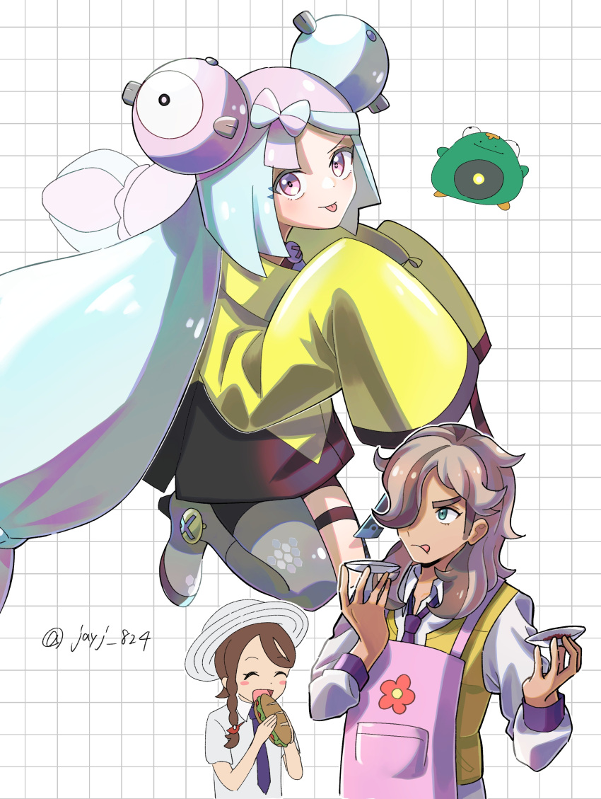 1boy 2girls :q absurdres apron arven_(pokemon) bellibolt boots bow-shaped_hair character_hair_ornament collared_shirt commentary_request eating floral_print food green_eyes green_hair grey_footwear grid_background hair_ornament hair_over_one_eye hat highres holding holding_food iono_(pokemon) jacket jayj_824 juliana_(pokemon) long_hair long_sleeves multicolored_hair multiple_girls necktie pantyhose pink_apron pink_eyes pink_hair pokemon pokemon_sv sandwich shirt single_leg_pantyhose sleeves_past_fingers sleeves_past_wrists thigh_strap tongue tongue_out twintails twitter_username two-tone_hair vest yellow_jacket yellow_vest
