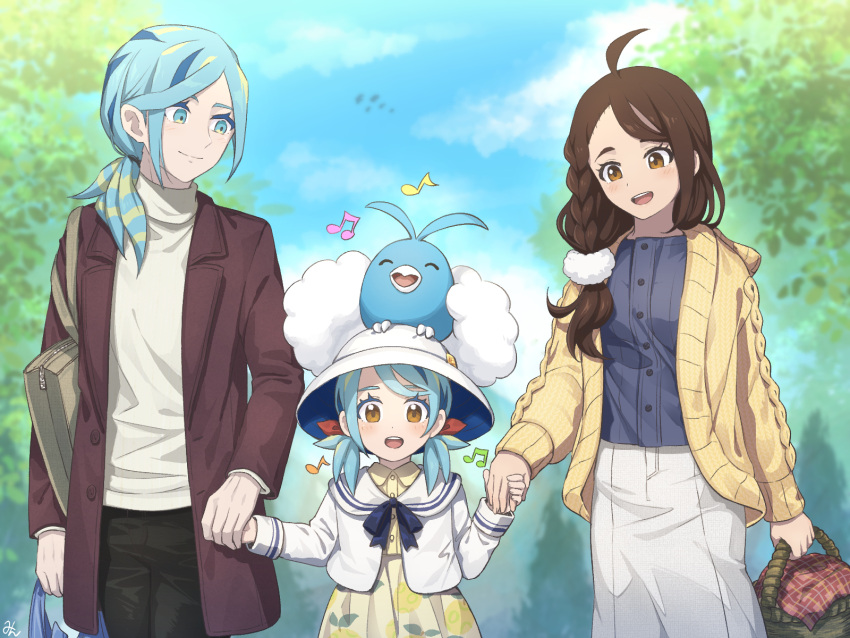 1boy 2girls :d aged_up ahoge basket blurry blurry_background blush braid brown_coat brown_eyes brown_hair buttons cardigan clouds coat commentary_request day eyelashes grusha_(pokemon) hair_over_shoulder hat highres holding holding_hands if_they_mated juliana_(pokemon) min_(myna8247) multiple_girls musical_note on_head open_cardigan open_clothes open_coat open_mouth outdoors pants pokemon pokemon_(creature) pokemon_on_head pokemon_sv ponytail skirt sky smile swablu teeth upper_teeth_only zipper