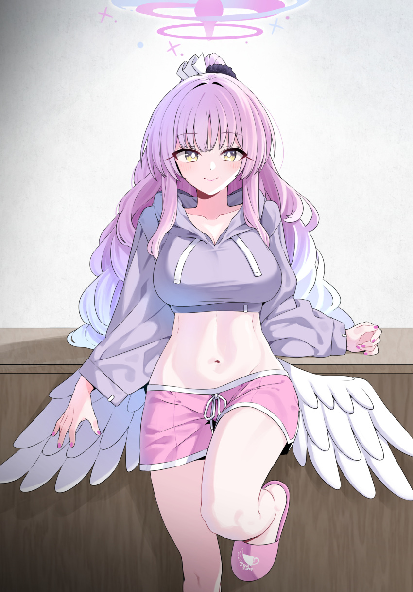 1girl absurdres alternate_costume angel_wings b.t._(boob_tong) blue_archive closed_mouth clothing_request flower foot_out_of_frame hair_bun hair_flower hair_ornament halo highres indoors long_hair looking_at_viewer low_wings mika_(blue_archive) pink_hair pink_halo single_hair_bun smile solo very_long_hair wings yellow_eyes