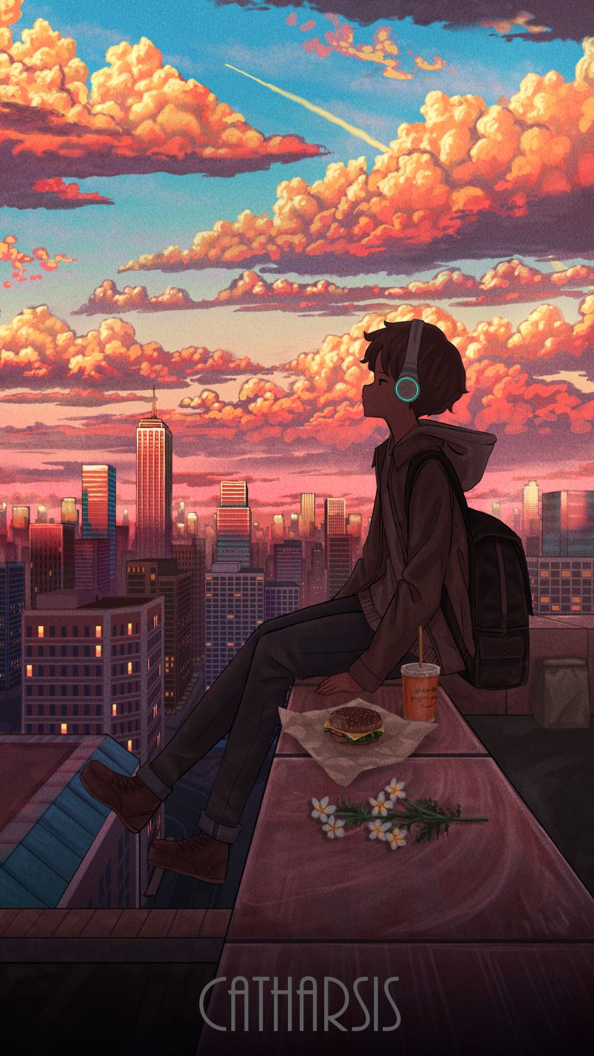 1boy absurdres backpack bag blue_sky building burger clouds contrail cup disposable_cup english_text evening facing_to_the_side flower food headphones highres hood hood_down jacket long_sleeves male_focus original pants pasoputi rooftop scenery shoes short_hair sitting sky town twilight