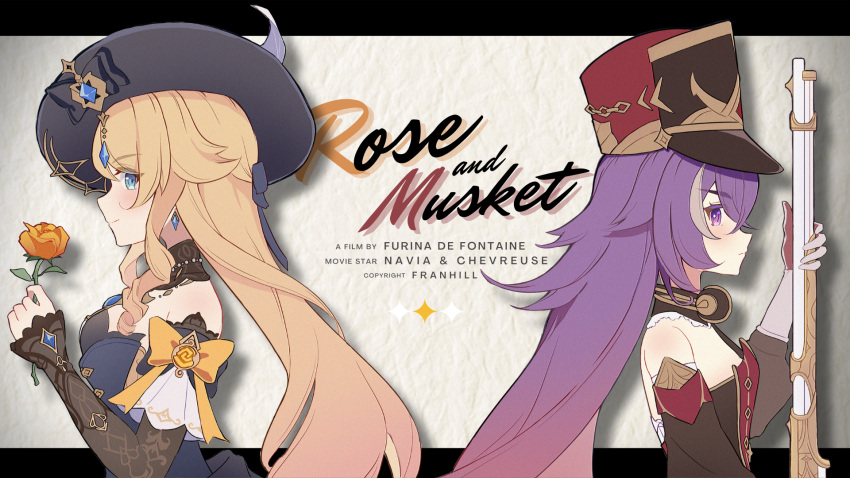 2girls bare_shoulders black_headwear blonde_hair blue_eyes breasts chevreuse_(genshin_impact) chinese_commentary closed_mouth commentary_request detached_sleeves dress drill_hair drill_sidelocks earmuffs earmuffs_around_neck earrings english_text flower franhill genshin_impact gloves gold_trim gun hat highres holding holding_gun holding_weapon jewelry long_hair long_sleeves looking_at_viewer multicolored_hair multiple_girls navia_(genshin_impact) pointy_hair profile purple_hair red_flower red_headwear red_rose rose shako_cap sidelocks smile streaked_hair two-tone_dress two-tone_hair very_long_hair violet_eyes vision_(genshin_impact) weapon white_hair