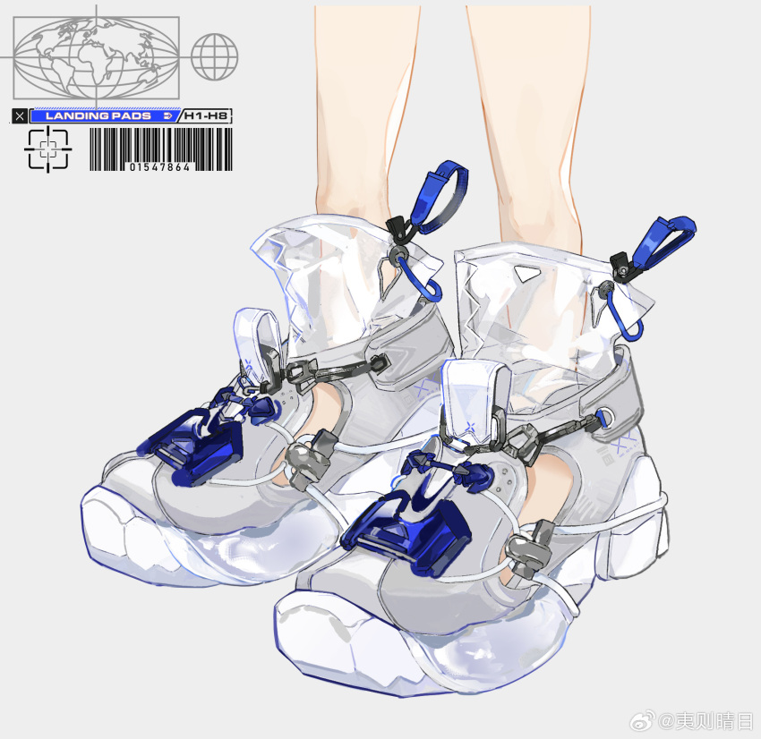 1other ambiguous_gender barcode bare_legs belt blue_belt chinese_commentary clothing_cutout commentary_request feet_only grey_background grey_footwear highres logo see-through_footwear shoe_belt shoes simple_background sneakers solo splatoon_(series) watermark weibo_logo weibo_username yize_qingri