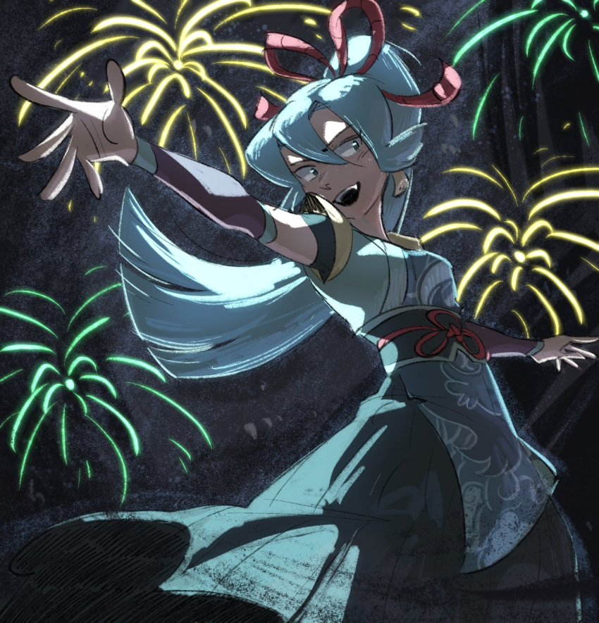 1girl black_background blue_eyes blue_hair blue_kimono clair_(new_year's_2024)_(pokemon) clair_(pokemon) commentary detached_sleeves english_commentary fireworks highres japanese_clothes kimono long_hair open_mouth outstretched_arm pokemon pokemon_masters_ex random_minty smile solo standing teeth upper_teeth_only