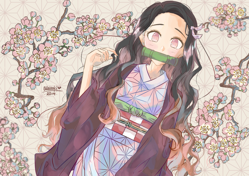 1girl 2019 artist_name black_hair branch commentary commentary_request english_commentary eyelashes flower gradient_hair highres japanese_clothes kamado_nezuko kimetsu_no_yaiba long_hair looking_at_viewer meisaki mixed-language_commentary multicolored_hair orange_hair patterned_background pink_eyes pink_flower solo twitter_username two-tone_hair white_background
