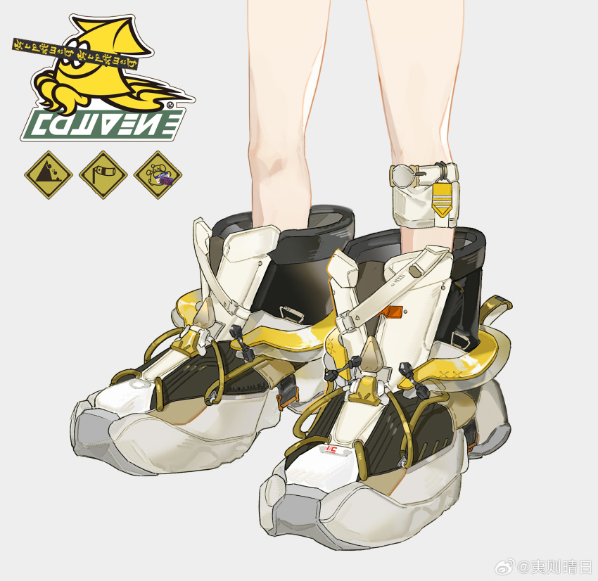 1other ambiguous_gender chinese_commentary commentary_request grey_background highres logo sign simple_background single_ankle_cuff single_bare_leg solo splatoon_(series) squid warning_sign watermark weibo_logo weibo_username white_sneakers yize_qingri