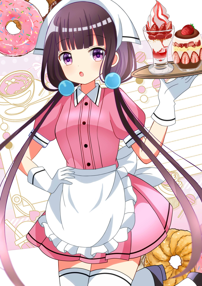 1girl absurdres apron black_footwear black_hair blend_s blush commentary_request doughnut dress food frilled_apron frills fruit gloves hand_on_own_hip hand_up head_scarf highres holding holding_tray long_hair looking_at_viewer low_twintails open_mouth parfait pink_dress puffy_short_sleeves puffy_sleeves ryoutan sakuranomiya_maika shoes short_sleeves solo strawberry thigh-highs tray twintails violet_eyes white_apron white_gloves white_headwear white_thighhighs