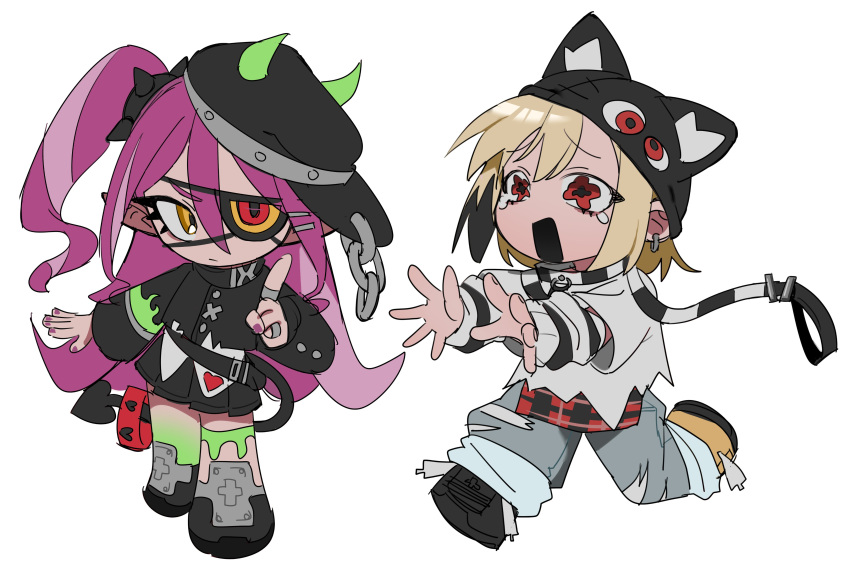 2girls absurdres animal_hat arm_at_side black_headwear blonde_hair cat_hat chibi collar demon_tail eyepatch fake_horns hat highres horned_headwear horns hyow jewelry layered_clothes leash long_hair multicolored_hair multiple_girls nail_polish one_side_up original pink_hair pointy_ears reaching red_eyes ring running short_hair simple_background standing streaked_hair tail tearing_up very_long_hair wavy_eyes white_background yellow_eyes