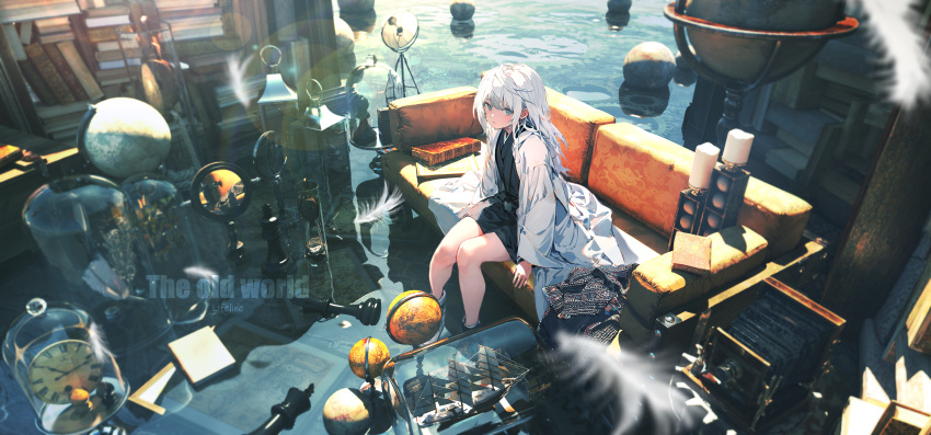1girl absurdres bellows_camera black_dress book bottle camera chess_piece clock couch day dress feathers globe grey_eyes highres lab_coat lifeline_(a384079959) long_hair original outdoors scenery ship_in_a_bottle sitting solo water