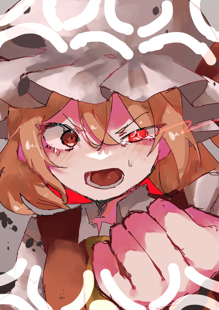 1girl absurdres anger_vein angry ascot blonde_hair clenched_hand flandre_scarlet hat highres medium_hair mob_cap open_mouth red_eyes solo touhou upper_body user_pxaw4585 yellow_ascot