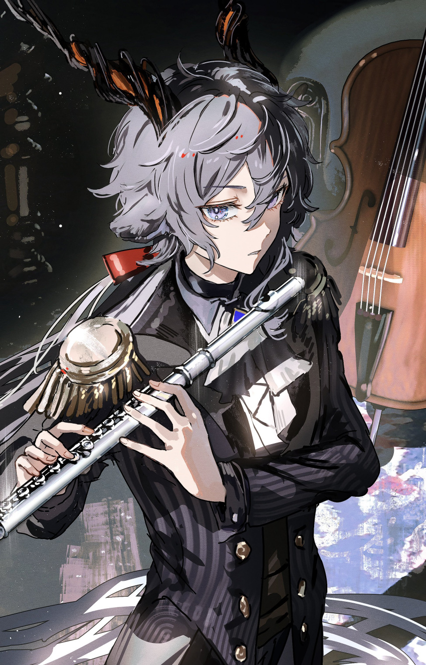 1boy absurdres animal_ears arknights ascot black_hair black_jacket cello ebenholz_(arknights) epaulettes flute gawako goat_boy goat_ears goat_horns hair_between_eyes hair_ribbon highres holding holding_instrument horns instrument jacket long_sleeves looking_at_viewer male_focus parted_lips playing_flute ponytail red_ribbon ribbon short_hair_with_long_locks solo suit violet_eyes white_ascot