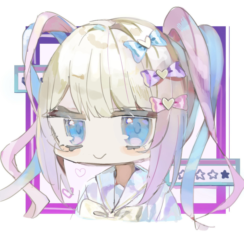1girl blonde_hair blue_bow blue_eyes blue_hair blunt_bangs bow chibi chouzetsusaikawa_tenshi-chan closed_mouth commentary cropped_torso hair_bow hair_ornament heart heart_hair_ornament highres long_hair looking_at_viewer multicolored_hair multiple_hair_bows needy_girl_overdose pink_bow pink_hair purple_bow quad_tails sailor_collar smile solo star_(symbol) symbol-only_commentary tsukikaze_aki upper_body