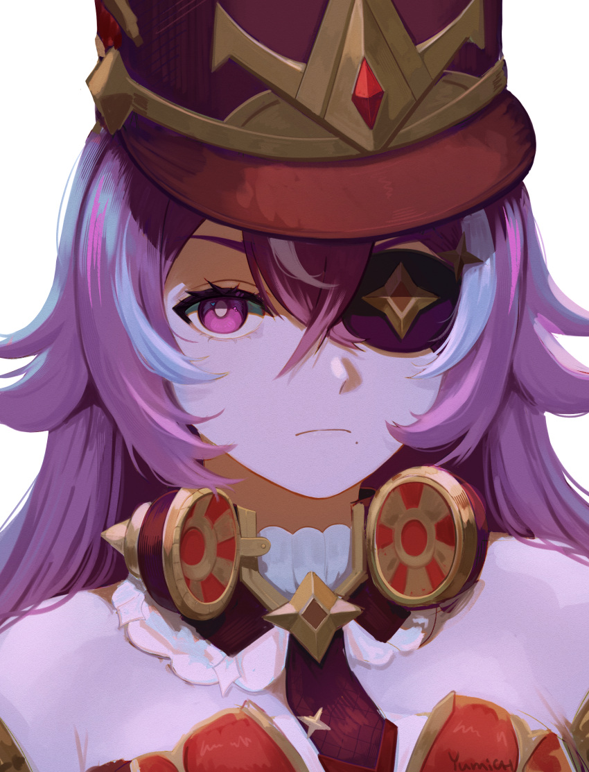 1girl absurdres artist_name bare_shoulders black_necktie breasts bright_pupils chevreuse_(genshin_impact) close-up commentary crossed_bangs detached_collar detached_sleeves earmuffs earmuffs_around_neck eyepatch gaiters genshin_impact gold_trim hair_between_eyes hat highres long_hair looking_at_viewer mole mole_under_mouth multicolored_hair necktie pointy_hair purple_hair shako_cap sidelocks simple_background small_breasts solo streaked_hair thigh-highs thighhigh_gaiters two-tone_hair violet_eyes white_background white_hair white_pupils yumich