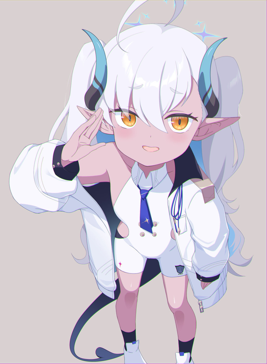 1girl :d ahoge blue_archive blue_necktie coat colored_inner_hair commentary_request demon_girl demon_horns demon_tail dress eko grey_hair hair_between_eyes halo highres horns leaning_forward long_hair long_sleeves looking_at_viewer multicolored_hair necktie open_clothes open_coat pointy_ears school_uniform shoes short_dress sidelocks simple_background sleeveless smile solo sumomo_(blue_archive) tail two-tone_hair two_side_up whispering white_coat white_dress white_hair yellow_eyes