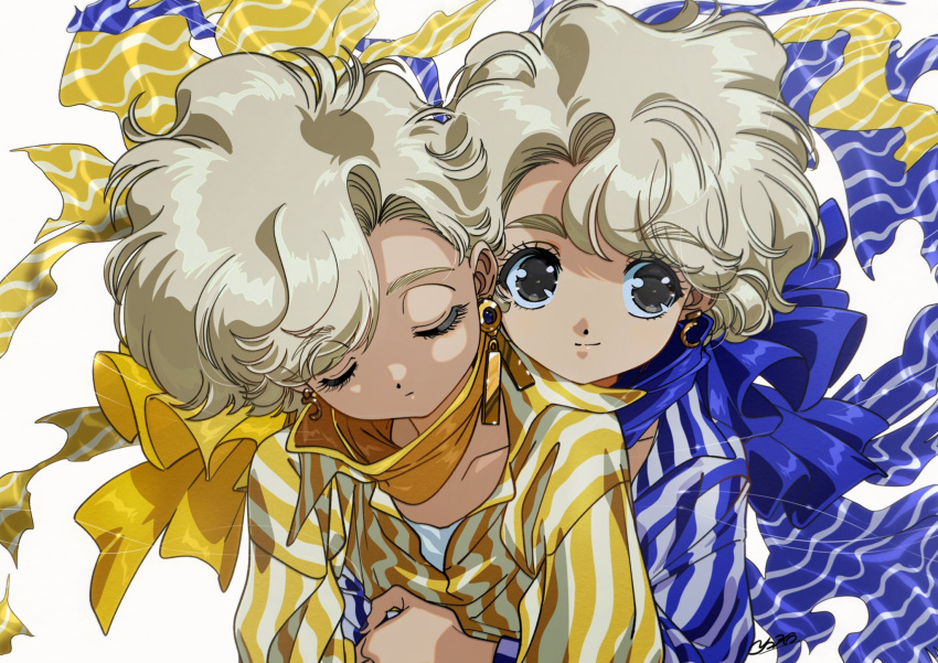 2girls abstract behind_another blonde_hair blue_shirt closed_eyes curtained_hair dangle_earrings earrings floating_clothes grey_eyes head_on_another's_shoulder highres hrn_yc hug hug_from_behind jewelry looking_to_the_side multiple_girls original retro_artstyle shirt short_hair siblings signature smile striped_shirt thick_eyebrows twins yellow_shirt