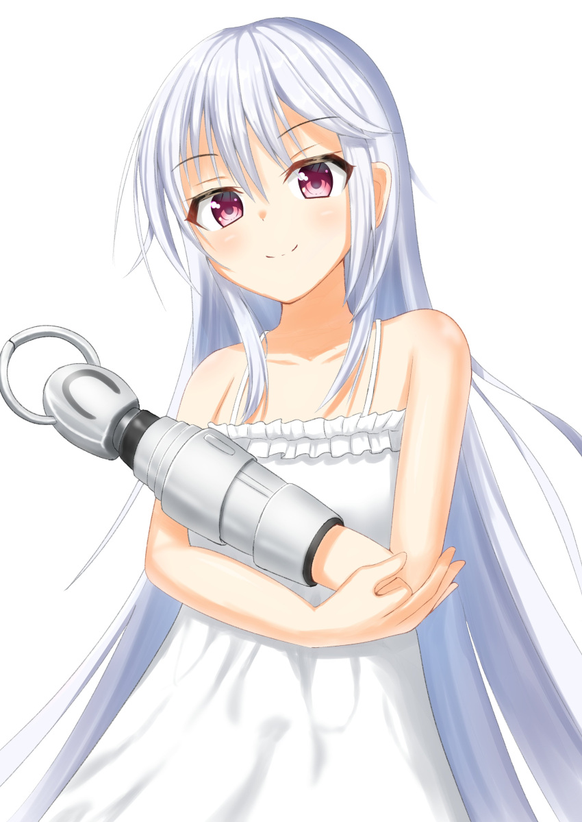 1girl absurdres bare_arms blue_hair blush closed_mouth collarbone commentary crossed_arms dress fzwprhf3aj45658 grisaia_(series) grisaia_no_rakuen hair_between_eyes highres kazami_kazuki light_blue_hair long_hair looking_at_viewer mechanical_arms red_eyes sidelocks simple_background single_mechanical_arm smile solo split_mouth spoilers sundress upper_body very_long_hair white_background white_dress