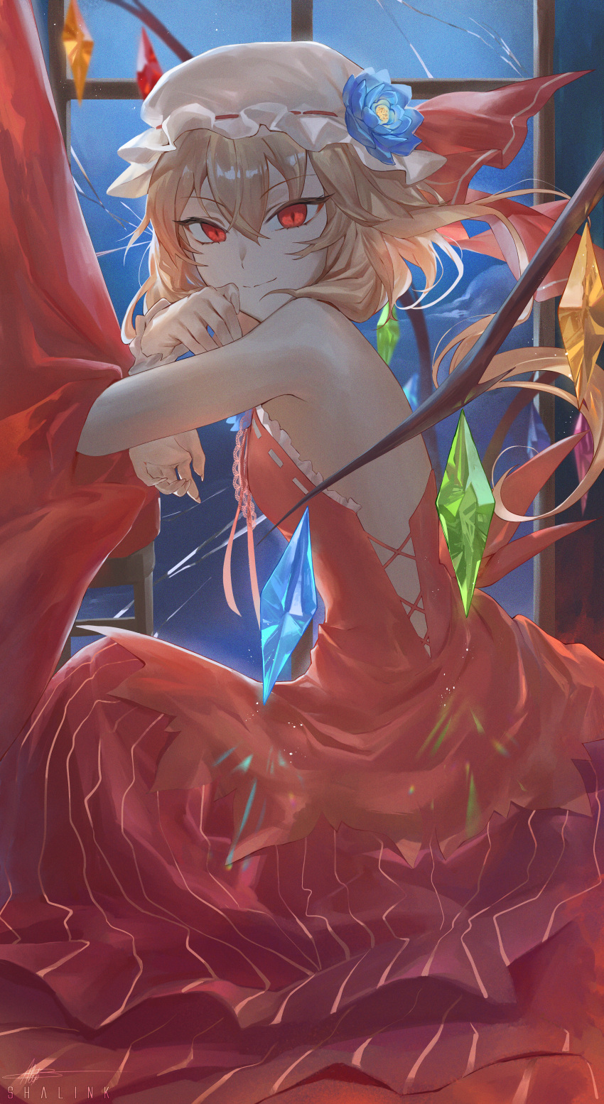 1girl absurdres bare_shoulders blonde_hair closed_mouth cowboy_shot crystal dress flandre_scarlet flower_hat from_side hat highres looking_at_viewer medium_hair mob_cap red_dress red_eyes shalink solo touhou